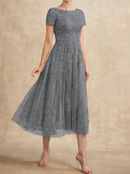 A-Linien-Kleid aus Tüllspitze mit Rundhalsausschnitt und Teelänge für die Mutter der Braut 