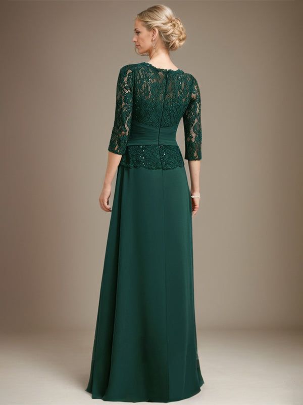Vestido de gasa con encaje y escote en A, ilusión, largo hasta el suelo, para madre de la novia, con lentejuelas plisadas y abalorios 