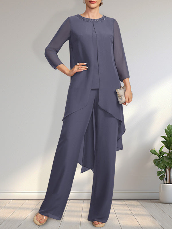 Vestido de gasa para madre de la novia, con escote redondo y largo hasta el suelo, con lentejuelas y abalorios, estilo mono/pantalón.