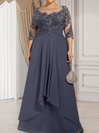 A-Linien-Kleid mit U-Boot-Ausschnitt, Illusion-Effekt, bodenlang, aus Chiffon und Spitze, mit Kaskadenrüschen – perfekt für die Mutter der Braut