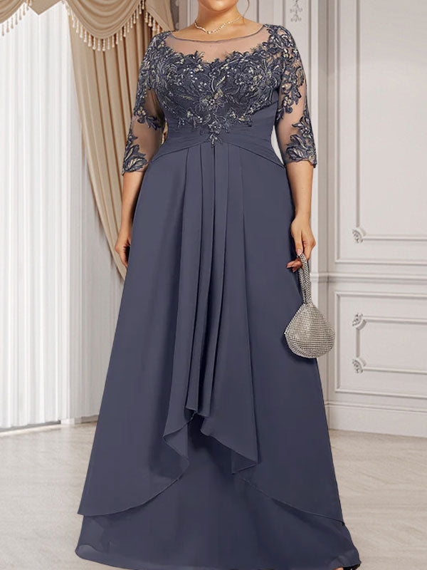 A-Linien-Kleid mit U-Boot-Ausschnitt, Illusion-Effekt, bodenlang, aus Chiffon und Spitze, mit Kaskadenrüschen – perfekt für die Mutter der Braut
