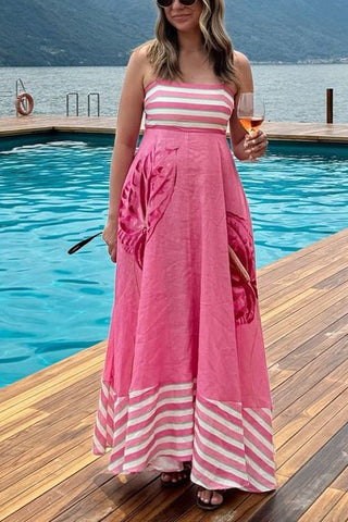 Meridress Backless Stripes Splice Floral Print Swing Maxi Cami Dress
