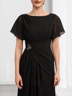 A-Linien-Chiffonkleid mit Rundhalsausschnitt, knöchellang, mit Perlenstickerei und Falten für die Mutter der Braut