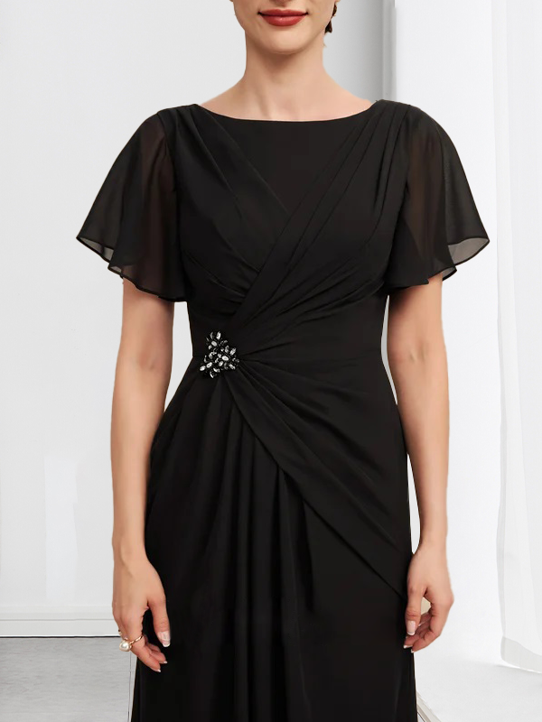 Vestido de gasa para madre de la novia, corte A, escote redondo, largo hasta los tobillos, con cuentas y pliegues