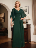 Vestido de gasa para madre de la novia, con escote en V, largo hasta el suelo, con lentejuelas plisadas y abalorios.