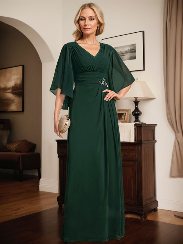 Vestido de gasa para madre de la novia, con escote en V, largo hasta el suelo, con lentejuelas plisadas y abalorios.