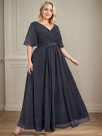 A-Linien-Chiffonkleid mit V-Ausschnitt, Knöchellänge, plissierten Pailletten und Perlenstickerei für die Mutter der Braut