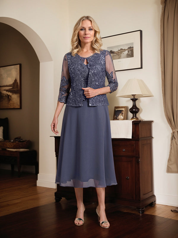 Vestido de gasa con encaje y lentejuelas para madre de la novia, corte A, escote redondo y largo hasta la rodilla 