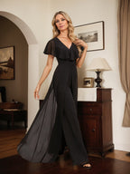 Jumpsuit/Hosenanzug, bodenlanges Chiffon-Abendkleid mit V-Ausschnitt