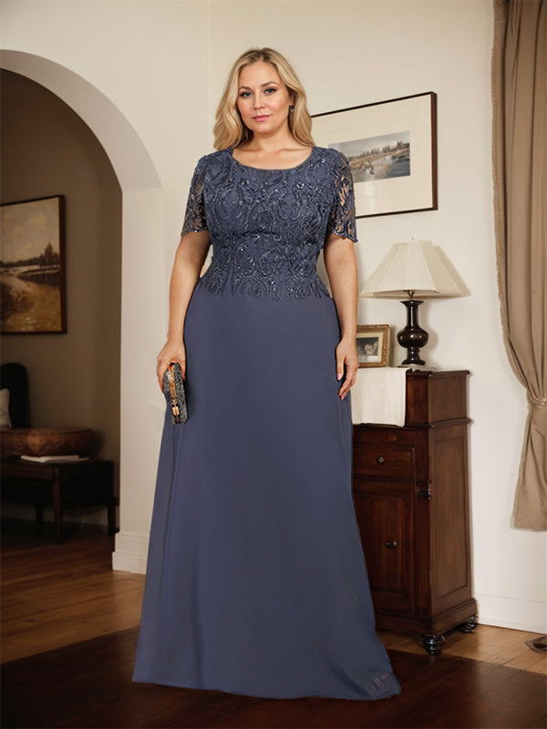 A-Linien-Kleid aus Chiffon mit Pailletten und Rundhalsausschnitt, bodenlang, für die Mutter der Braut