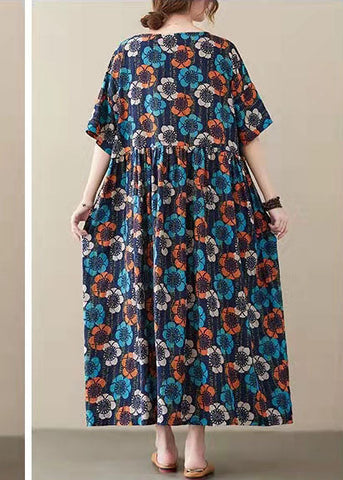 Elegante vestido de fiesta de verano con estampado de cuello redondo azul y media manga 