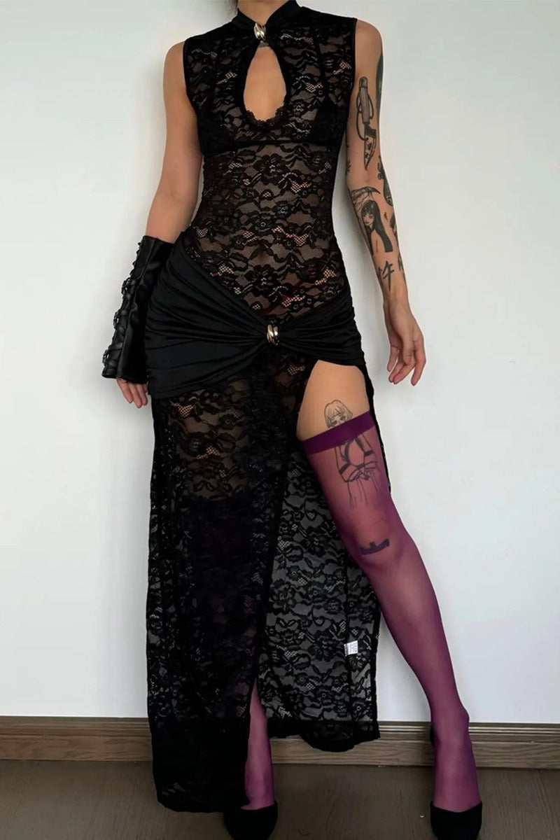 Lace Cutout Metal Buckle Patchwork High Slit Fitted Maxi Dress