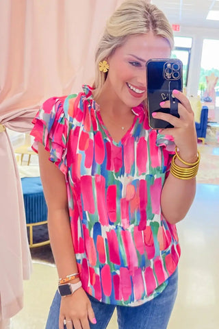 abstract rose ruffle sleeve v neck blouse