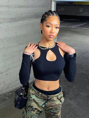 2024 Summer Long Sleeve Cropped Corset Women Top Sexy Aesthetic Club O Neck Fairy Grunge Black Women's T-Shirt