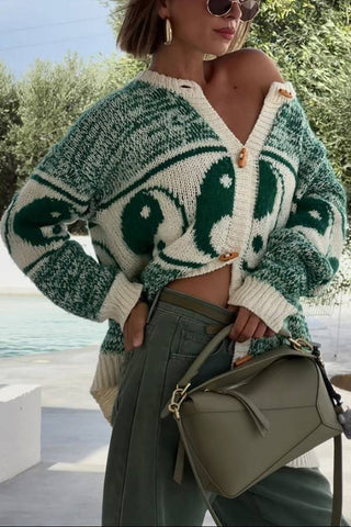 Opposites Attract Knit Yin-yangs Print Crewneck Oversized Cardigan