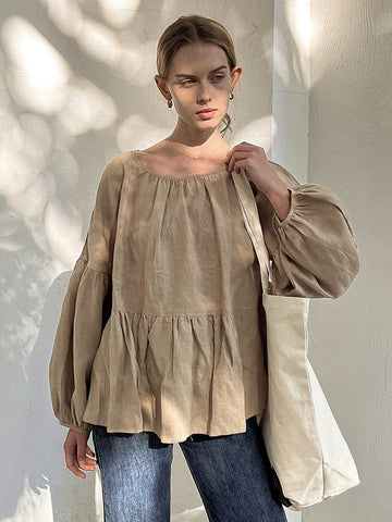 Camiseta informal holgada de lino con mangas abullonadas y plisada de color liso 