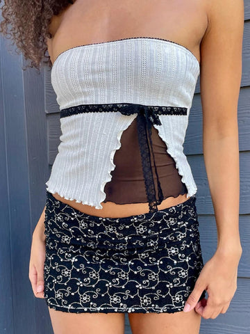 TARUXY - Tops cortos ajustados de malla con empalme para mujer, sin mangas, con hombros descubiertos, sexys, sin espalda, bonitos, con lazo, camisetas cortas para mujer 