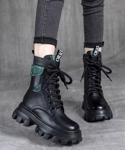 Fashion Splicing Plateaustiefel Schwarz Rindsleder Schnürstiefel 