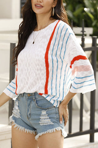 Tops de cuello redondo con abertura y rayas dulces de moda 