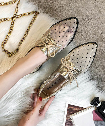 Damen Apricot Splicing Flats Schwarzer Tüll Schnürschuh Spitzschuh 