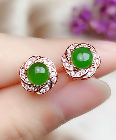 Pendientes de jade y circonitas doradas de plata verde a la moda 