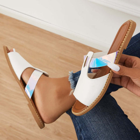 Bunte, offene Zehenpartie zum Hineinschlüpfen, flache Hausschuhe, Slide-Sandalen 