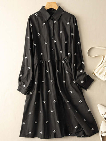 Vestido camisero de manga larga con estampado floral y bolsillos, 100 % tela natural 