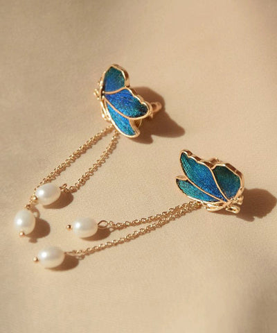 Gradient Color Blue Copper Overgild Pearl Tassel Butterfly Drop Earrings