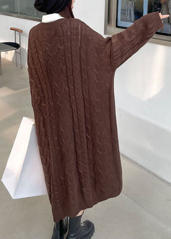 Edles, kaffeefarbenes, lässiges Jacquard-Pulloverkleid mit O-Ausschnitt für den Herbst 