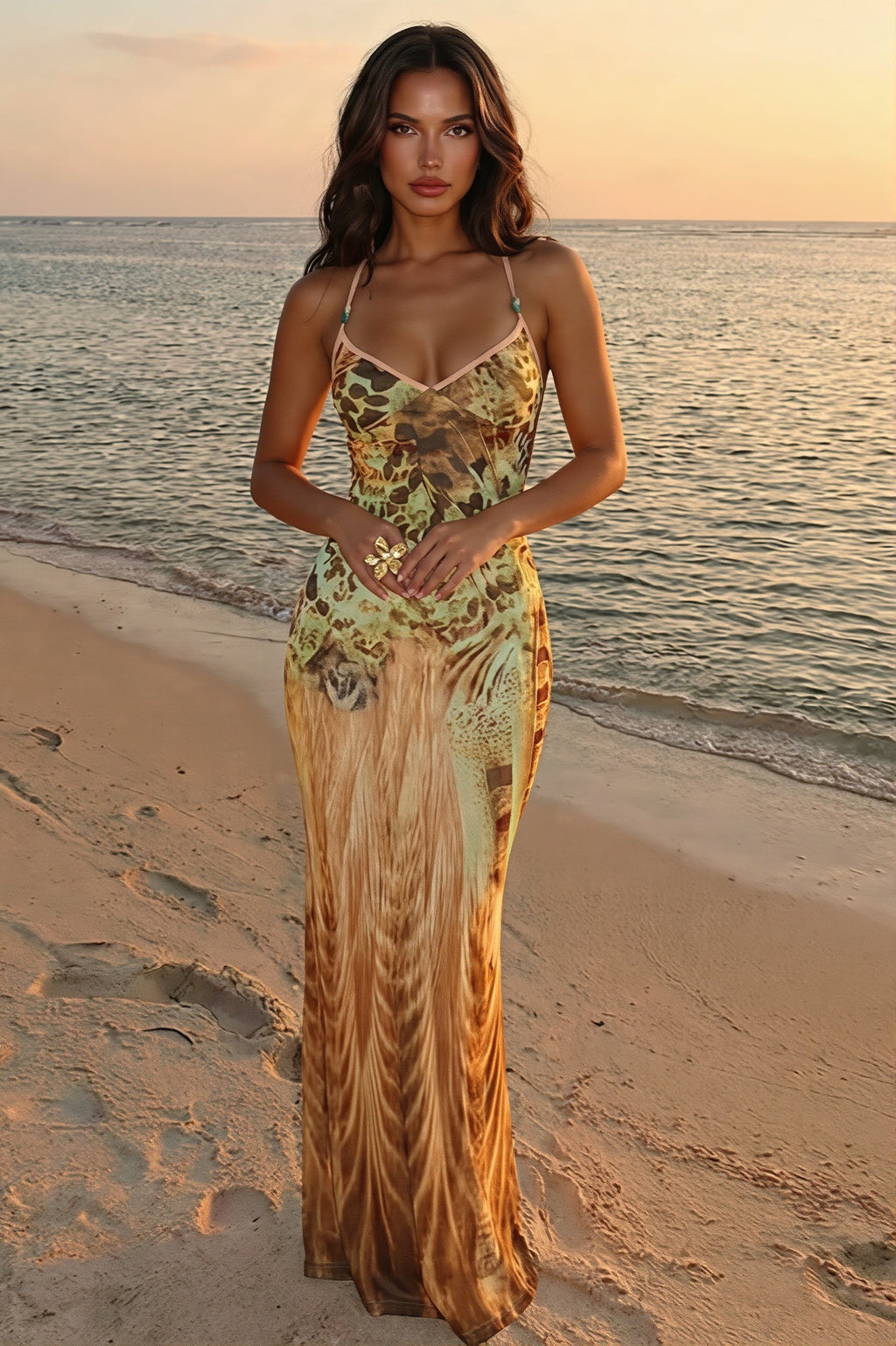 Printed V Neck Cami Slim Bodycon Maxi Dress