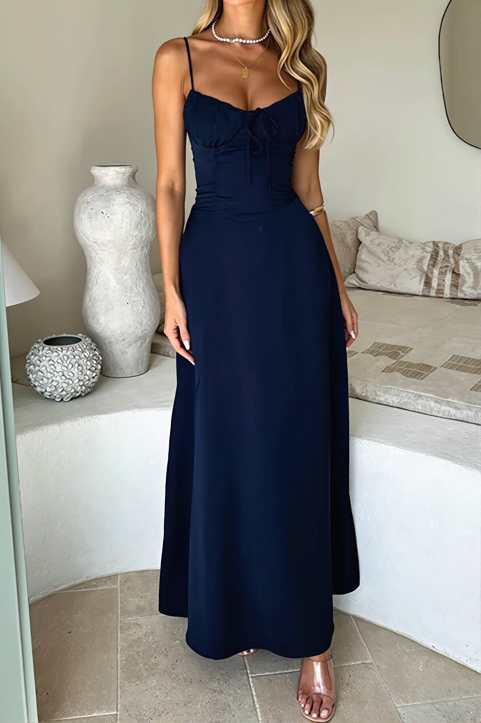 Elegant Solid Tie Bodycon Maxi Dress