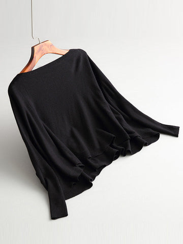 Fledermausärmel High-Low Einfarbiger Strickpullover mit U-Boot-Ausschnitt 
