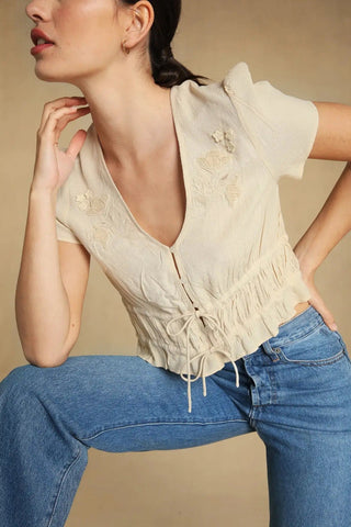 Lace Up V-Neck Short Sleeve Ruffled Blouse