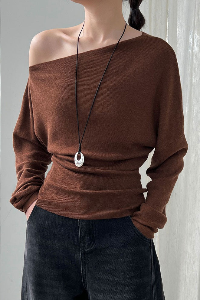 Waist Defining Asymmetric Shoulder Knit Top