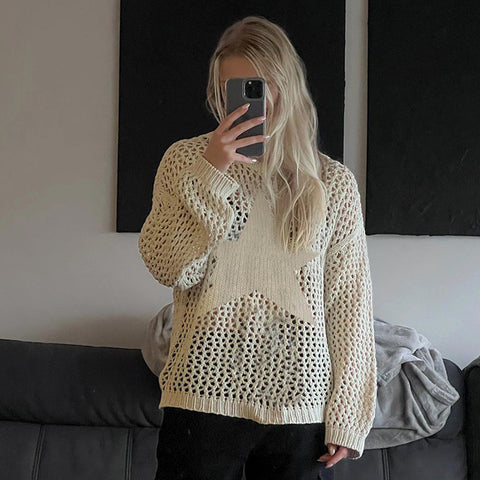 TARUXY Hollow Out Oversized Sweater Women 2024 New Solid Star Solid See Through Knitted Pullover Womens Knitwear Cover-up Ladies