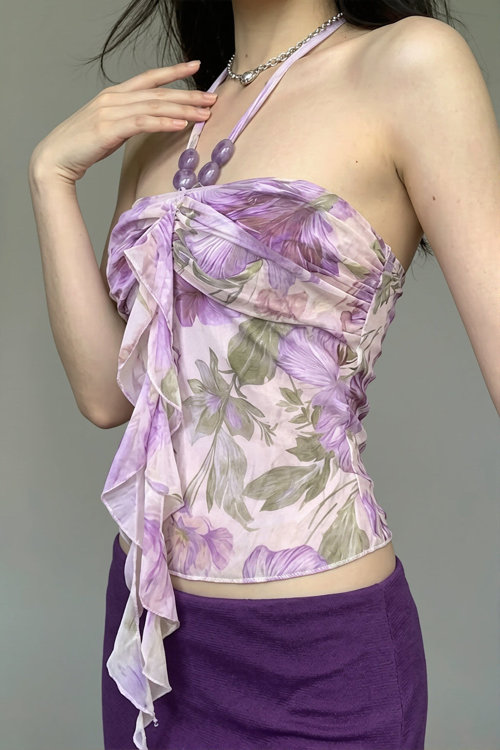 Floral Print Beaded Romantic Halter Top