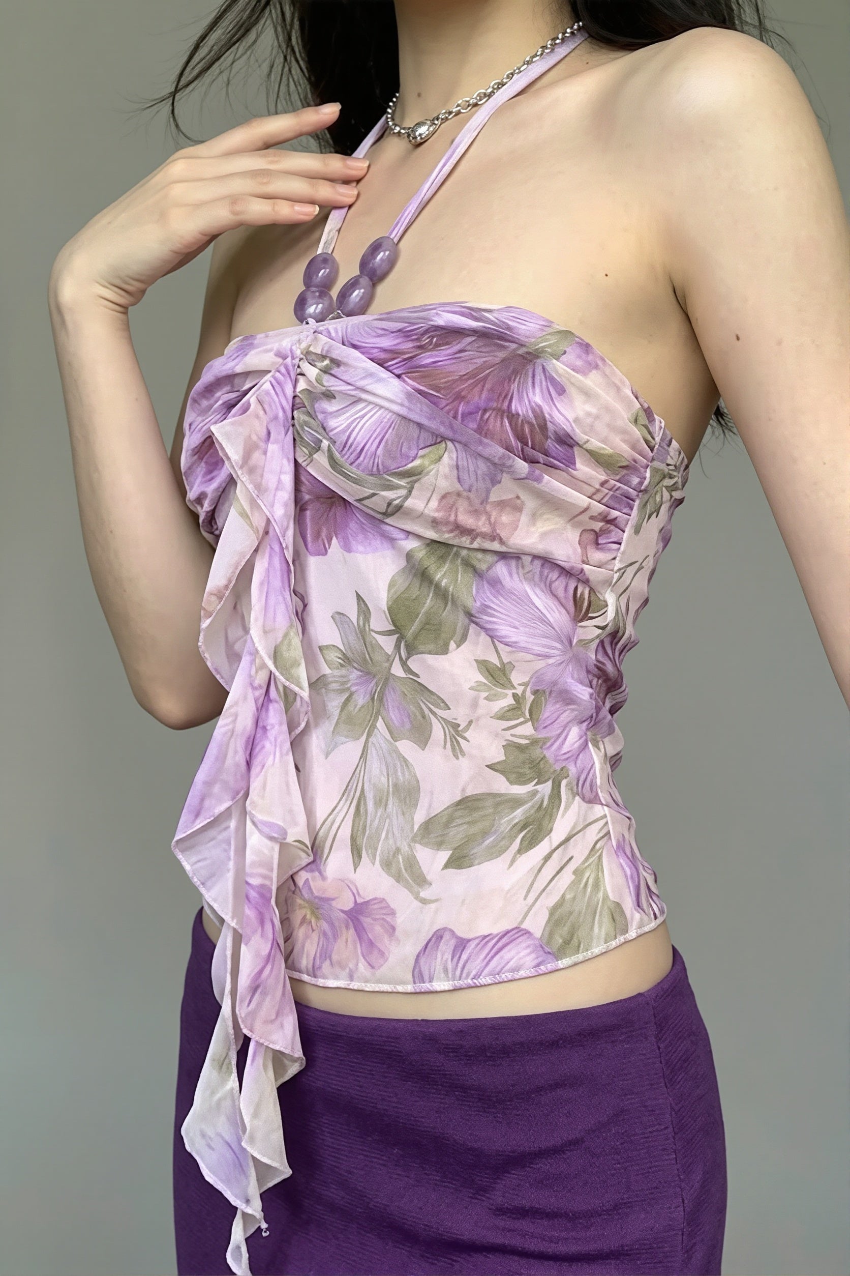 Floral Print Beaded Romantic Halter Top