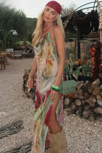 Polyester Printed Backless Cleavage Maxi Dress