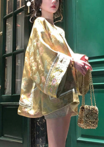 Jacquard Gelb V-Ausschnitt Bestickte Knopf Seidenmäntel Frühling 