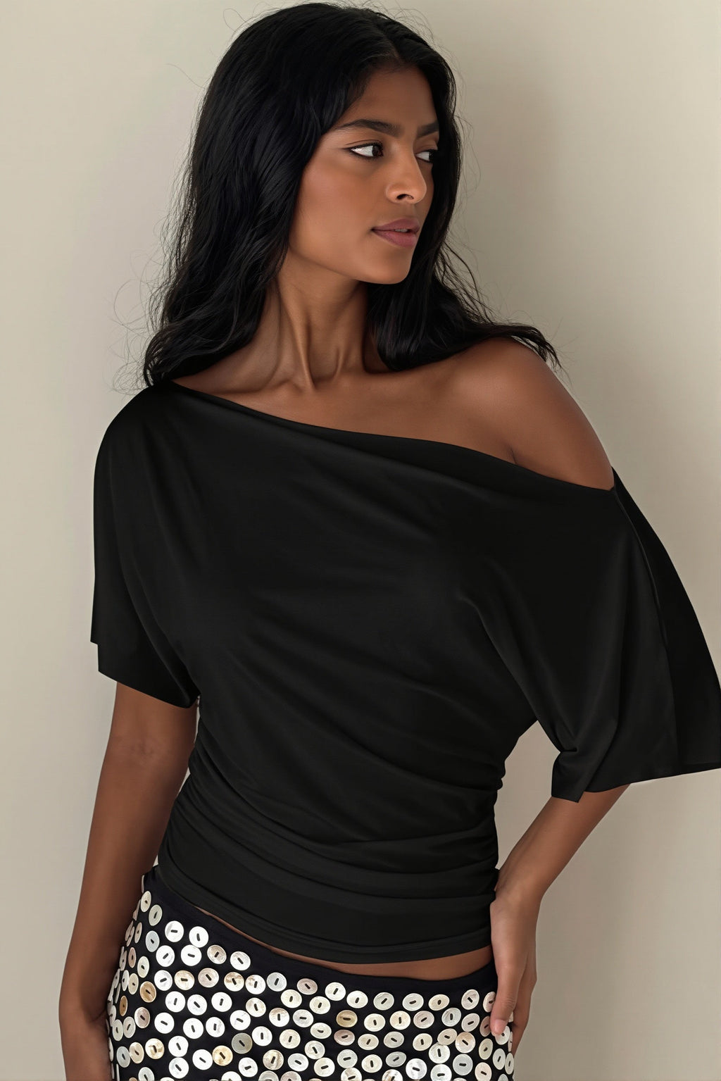 Ruched Off Shoulder Slim T-shirt