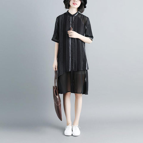 Women Stand Collar Single Breasted Stripe Black Dress