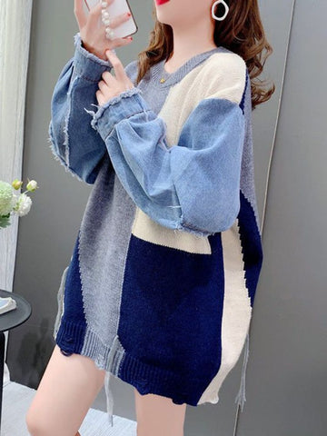 Denim Patchwork Long Sleeve Sweater