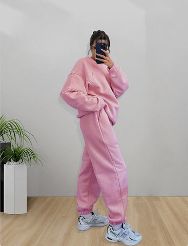 Autumn Winter Solid Color Round Neck Long Sleeve Sweaters Women Clothing Casual Loose Trousers Suit – Cozy Chic Fashion Set