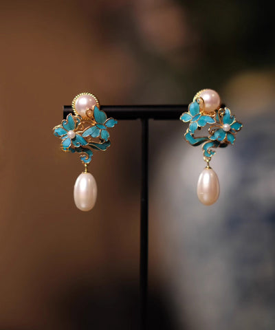 Pendientes colgantes de mariposa y perla en plata de ley blanca con esmalte dorado para mujer 