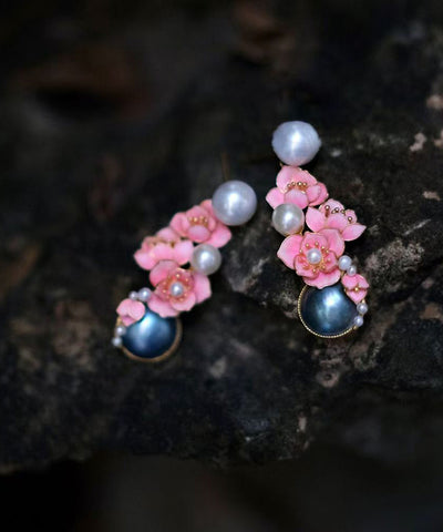 New Pink Sterling Silver Pearl Floral Stud Earrings