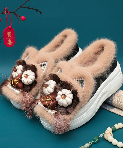 Zapatos planos de plataforma con borlas y cuentas, hechos a mano, con forro de lana afelpada color café 