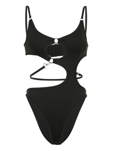 Sleeveless V Neck Hollow Out Sexy Spaghetti Strap Bodysuit Women Black Rave Goth Outfits Back Hook Closure Punk Tops