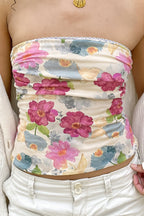 Color Block Floral Slim Strapless Blouse