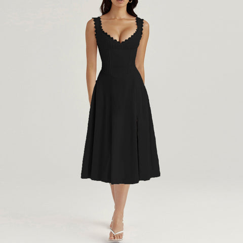 Strap Dress Women Summer Elegant Lace V Neck Fitted Waist Backless Lace Up Midi Dress – Best Summer Dress for Women