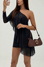 Asymmetric Shoulder Ruched Bodycon Mini Dress
